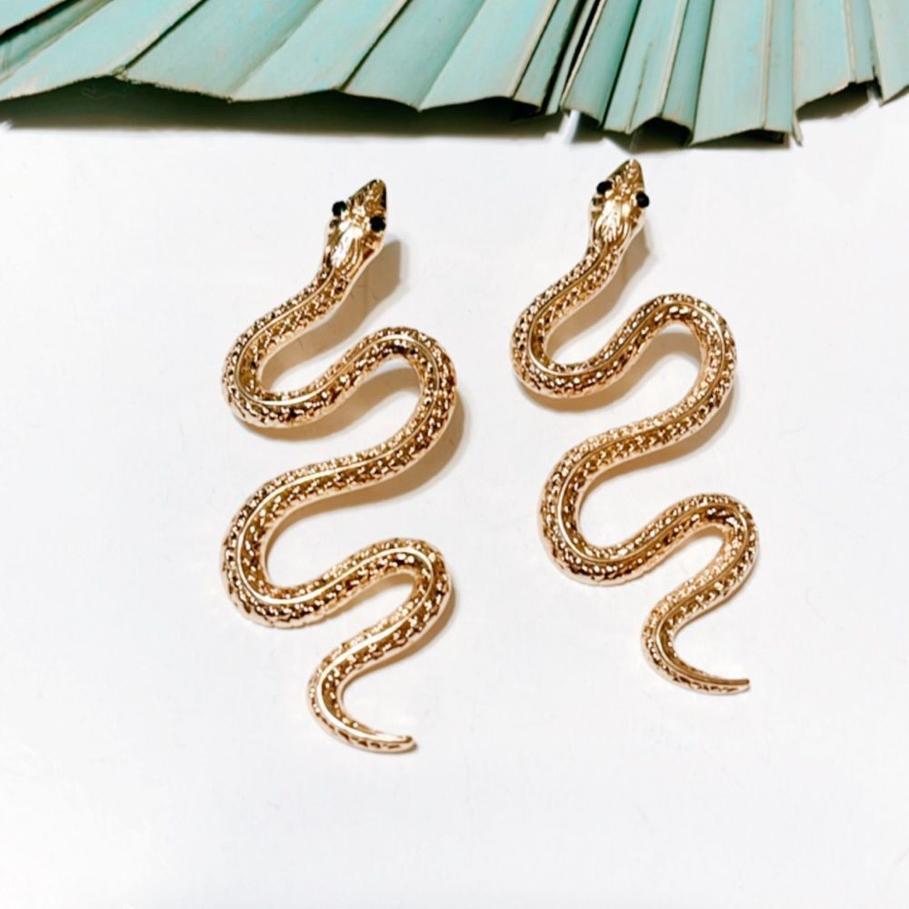 Zara Gold Snake Drop Earrings with Black Eyes
